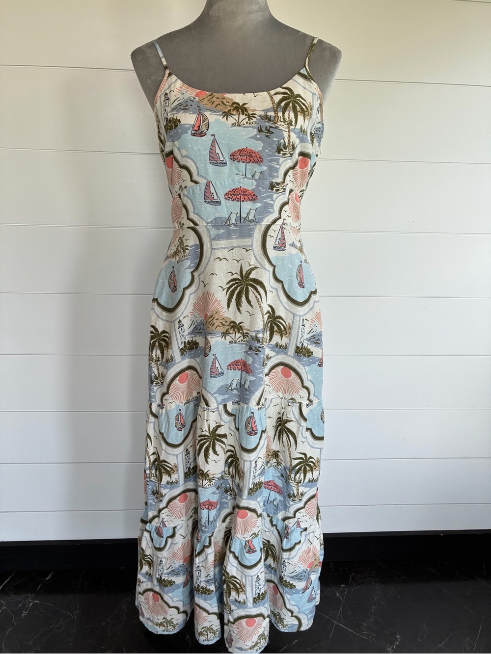 Cynthia Rowley Pastel Coastal Sailboat Maxi Dress in Blue, Cream and Coral Sz 4